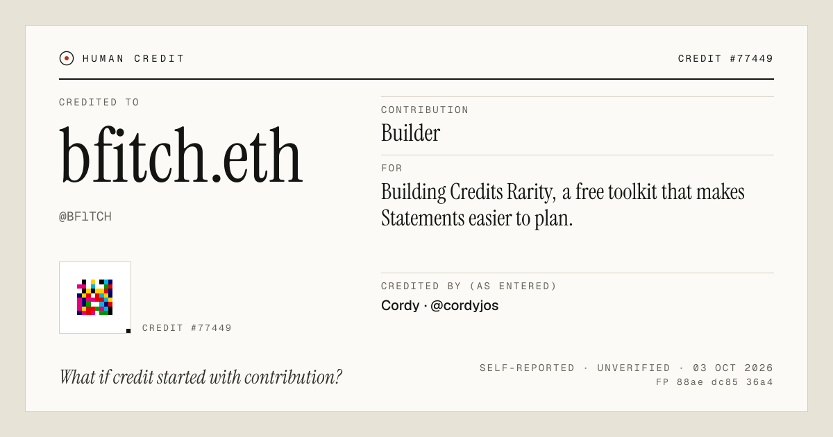 bfitch.eth, credited as Builder: Building Credits Rarity, a free toolkit that makes Statements easier to plan.