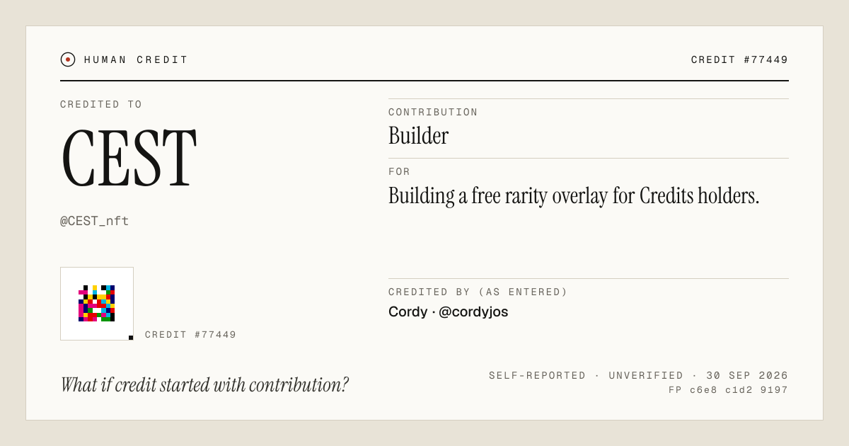 CEST, credited as Builder: Building a free rarity overlay for Credits holders.