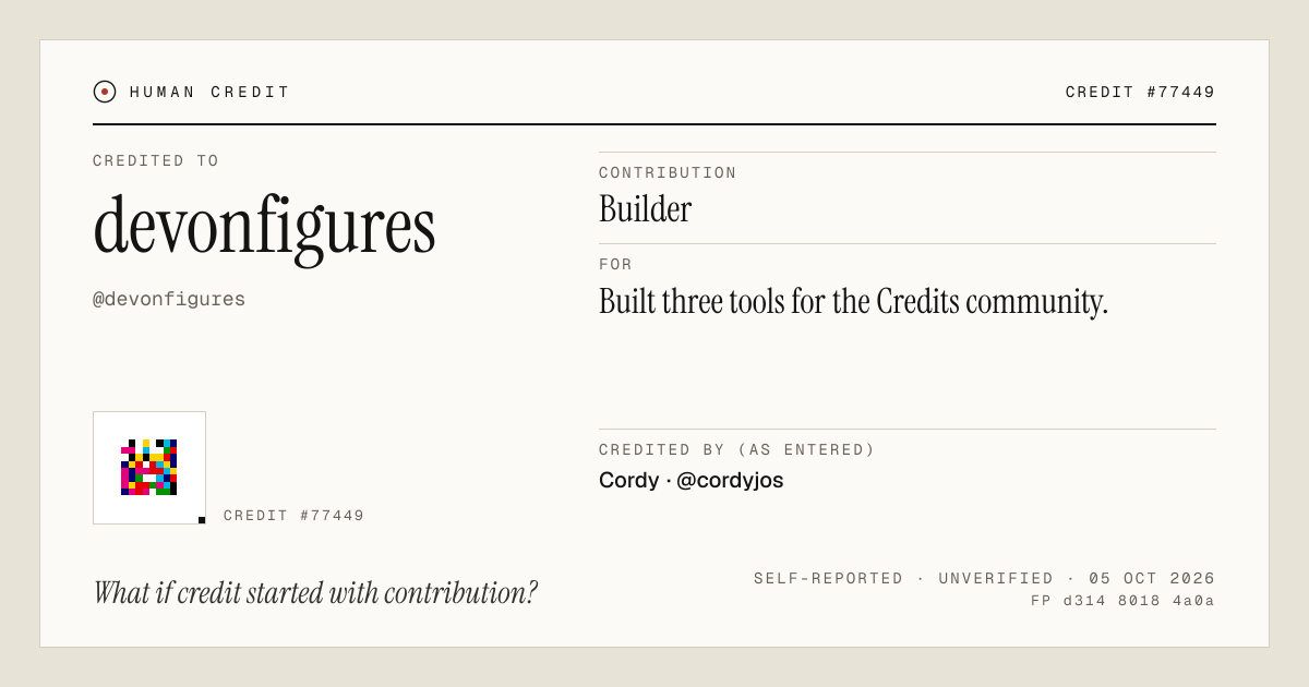 devonfigures, credited as Builder: Built three tools for the Credits community.