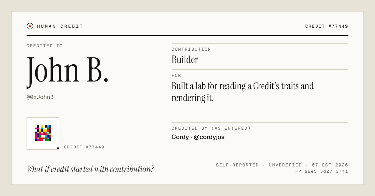 John B., credited as Builder: Built a lab for reading a Credit's traits and rendering it.