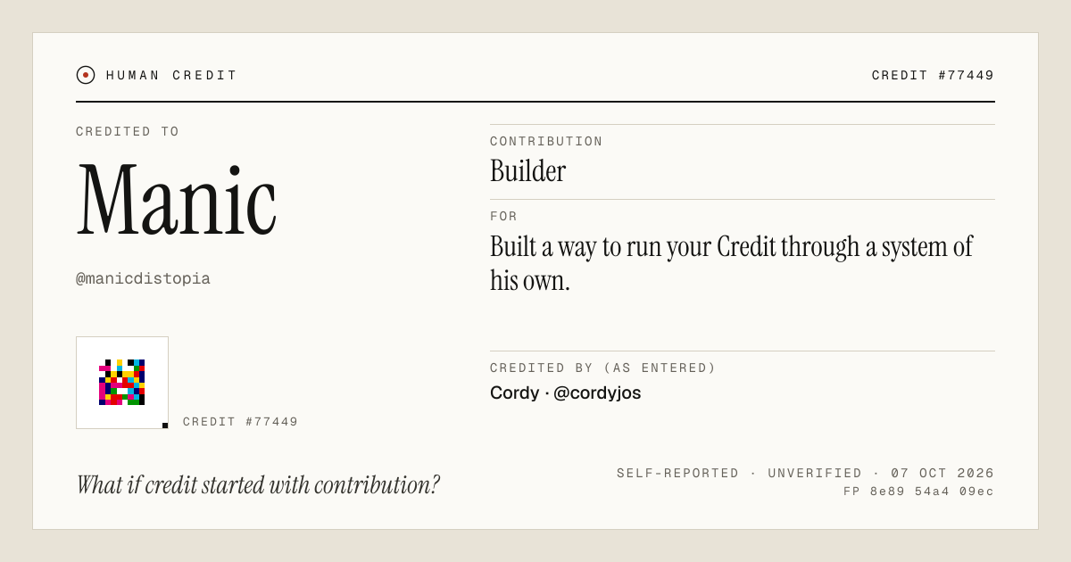 Manic, credited as Builder: Built a way to run your Credit through a system of his own.
