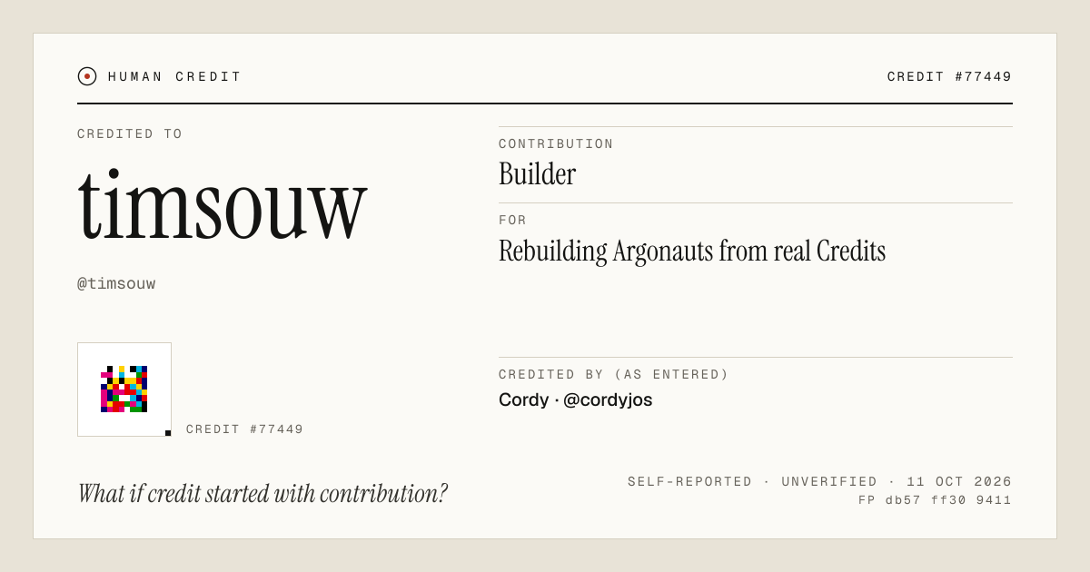 timsouw, credited as Builder: Rebuilding Argonauts from real Credits