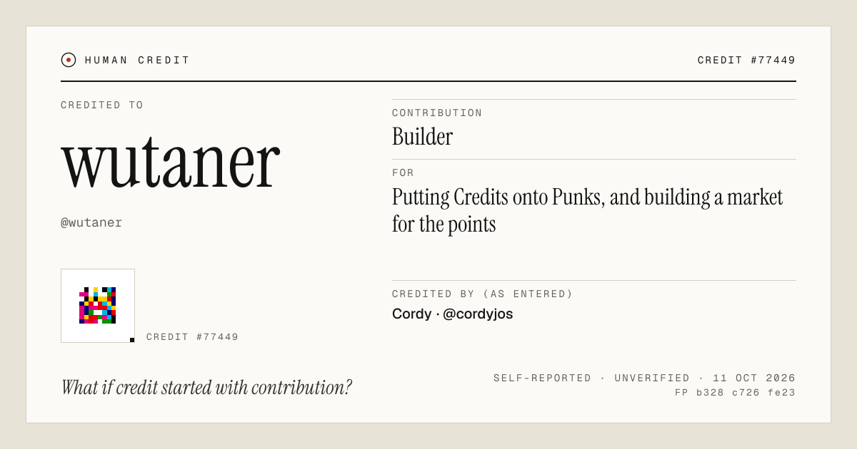 wutaner, credited as Builder: Putting Credits onto Punks, and building a market for the points