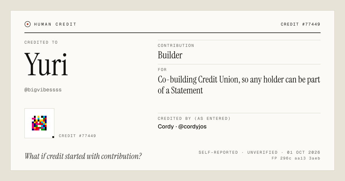 Yuri, credited as Builder: Co-building Credit Union, so any holder can be part of a Statement